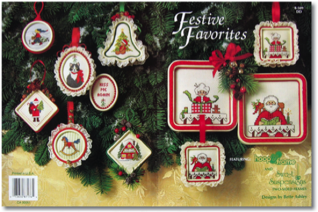 BOOK. Festive Favorites: Eight charming Christmas designs for Sweet Suspensions frames cross-stitched on 18-count Aida cloth. Stitched on 11-count Aida cloth, they fit into Easy Street Craft’s 5' x 5' Square Hoop-Frames.